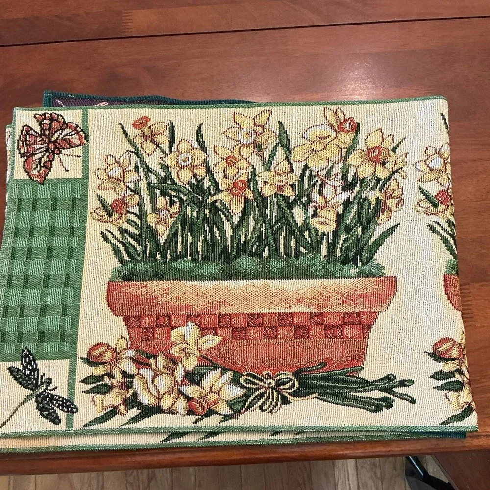 Vintage Tapestry Daffodils Butterfly Dragonfly Table Runner 70